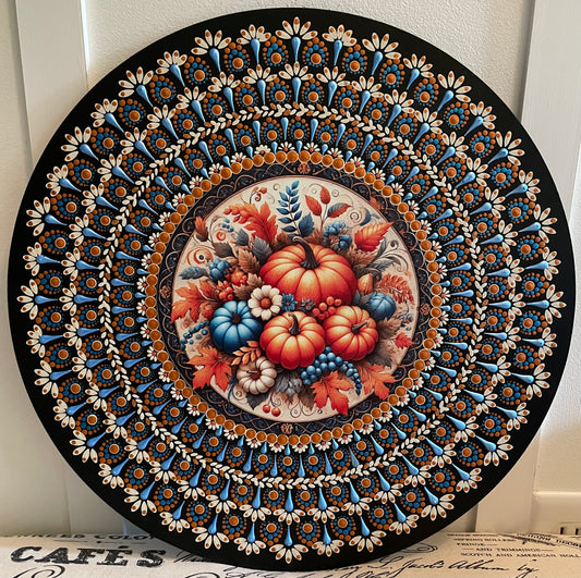 Hand painted pumpkin plaque on a 16 inch wood round ￼
