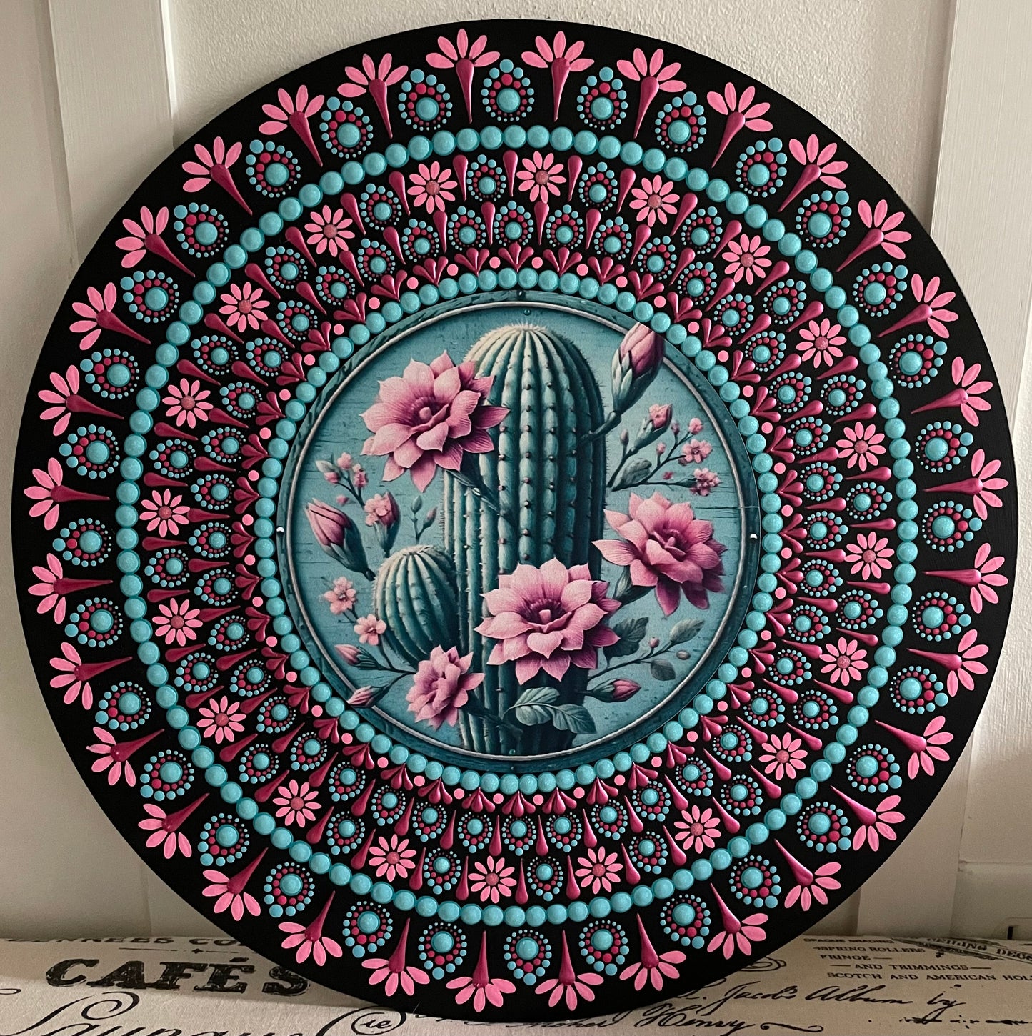 Hand painted cactus plaque on a 16 inch wood round