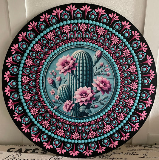 Hand painted cactus plaque on a 16 inch wood round