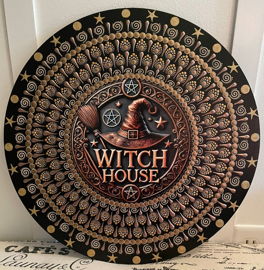 Hand painted witch house plaque on a 16 inch wood round ￼