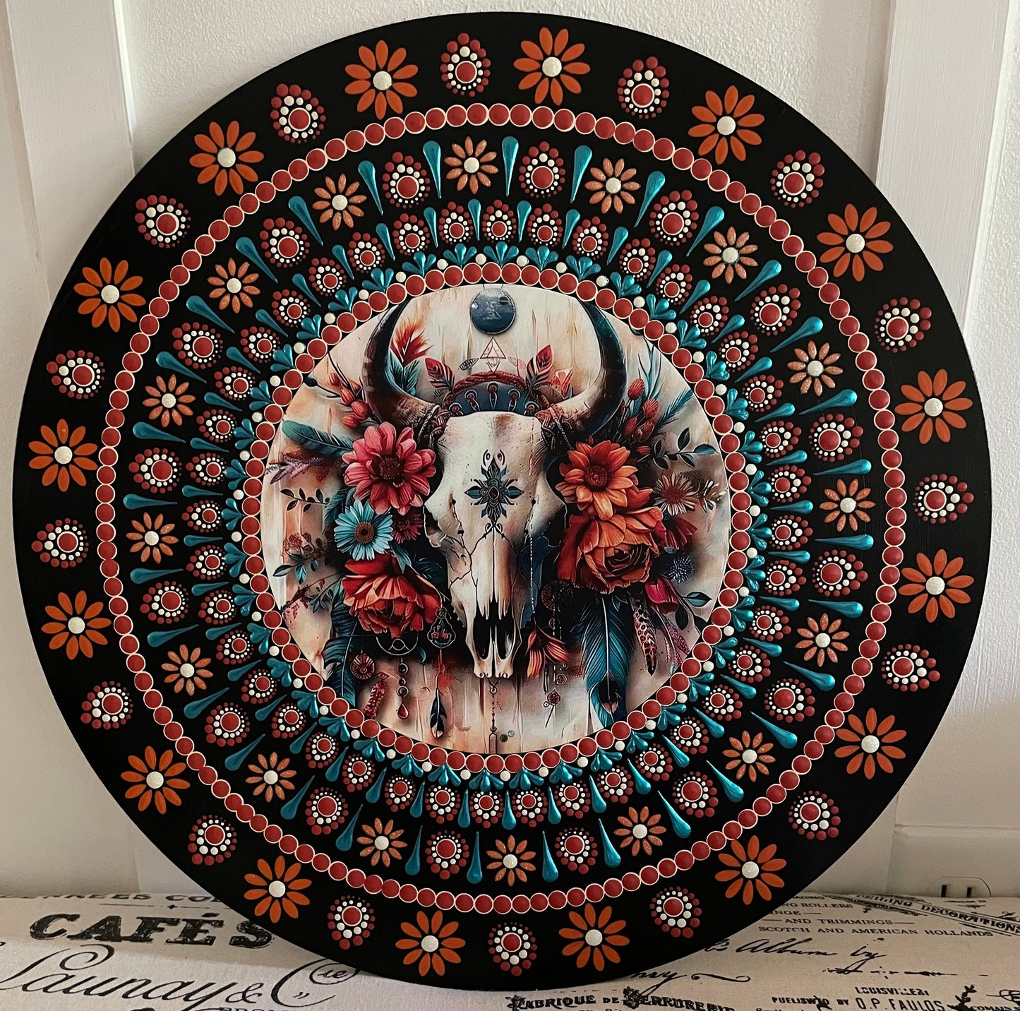 Handpainted Skull plaque on 16 inch wood round