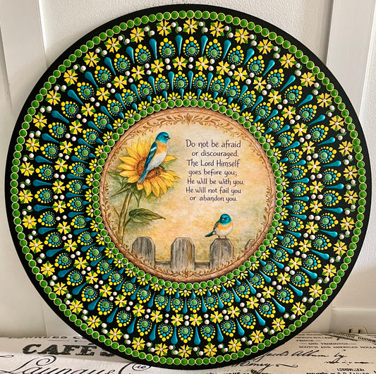 Handpainted flower and bird plaque on 16 inch wood round
