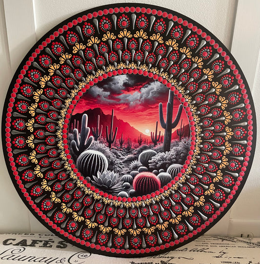 Hand painted cactus plaque on a 16 inch wood round.