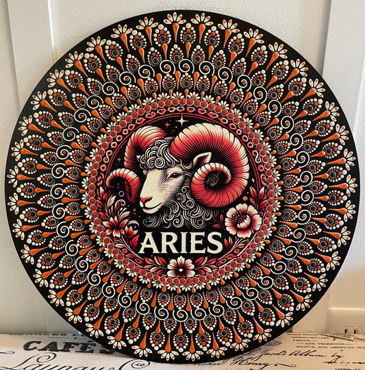 Hand painted Aries plaque on a 16 inch wood round ￼