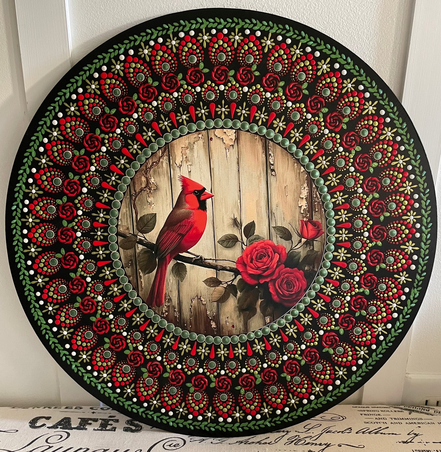 Hand painted cardinal plaque on a 16 inch wood round