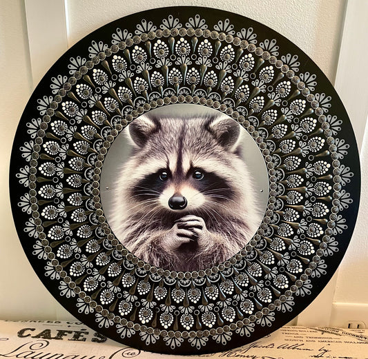 Hand painted raccoon plaque on a 16 inch wood round.