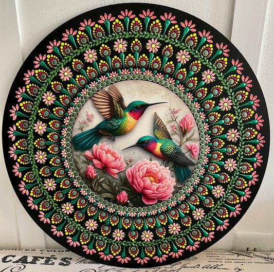 Hand painted hummingbird 16 inch round wood plaque ￼