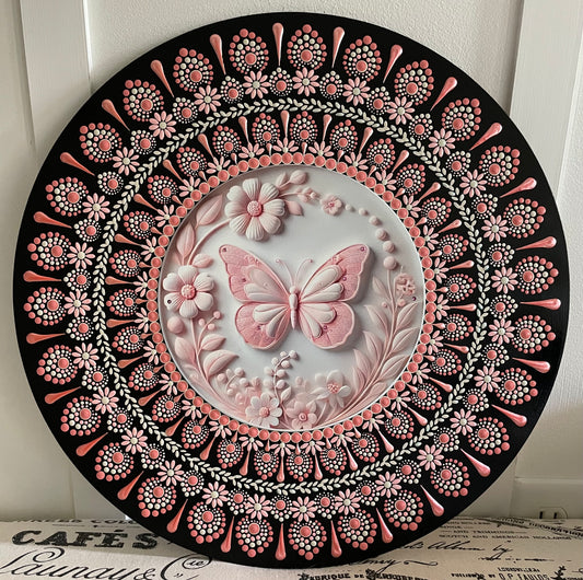 Handpainted Pink Butterfly plaque on 16 inch wood round