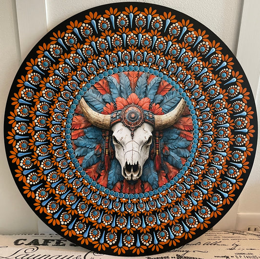 Hand painted cow skull on a 16 inch wood round