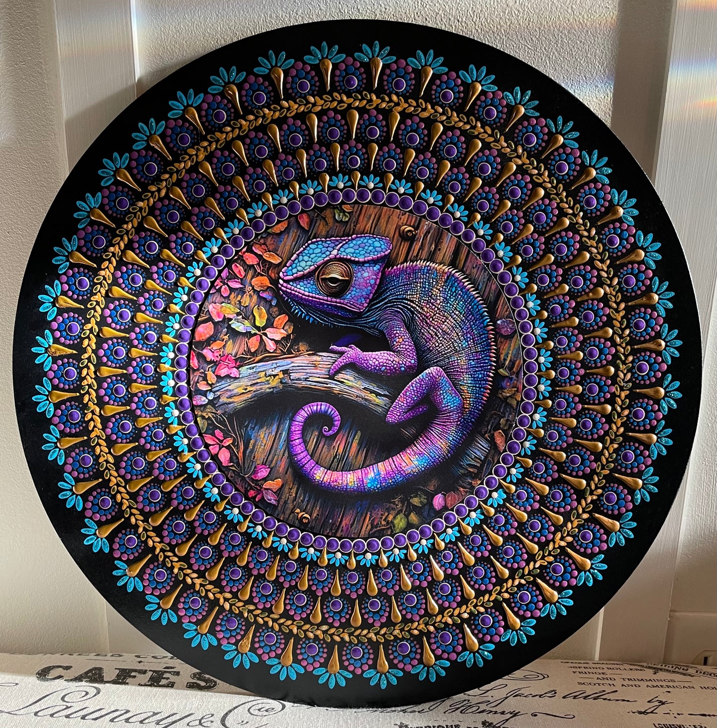 Handpainted chameleon plaque on a 16 inch wood round