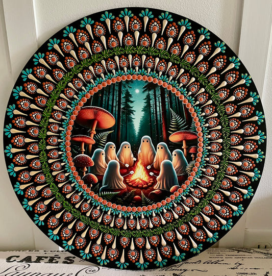 Ghosts around the campfire handpainted 16 inch wood round.