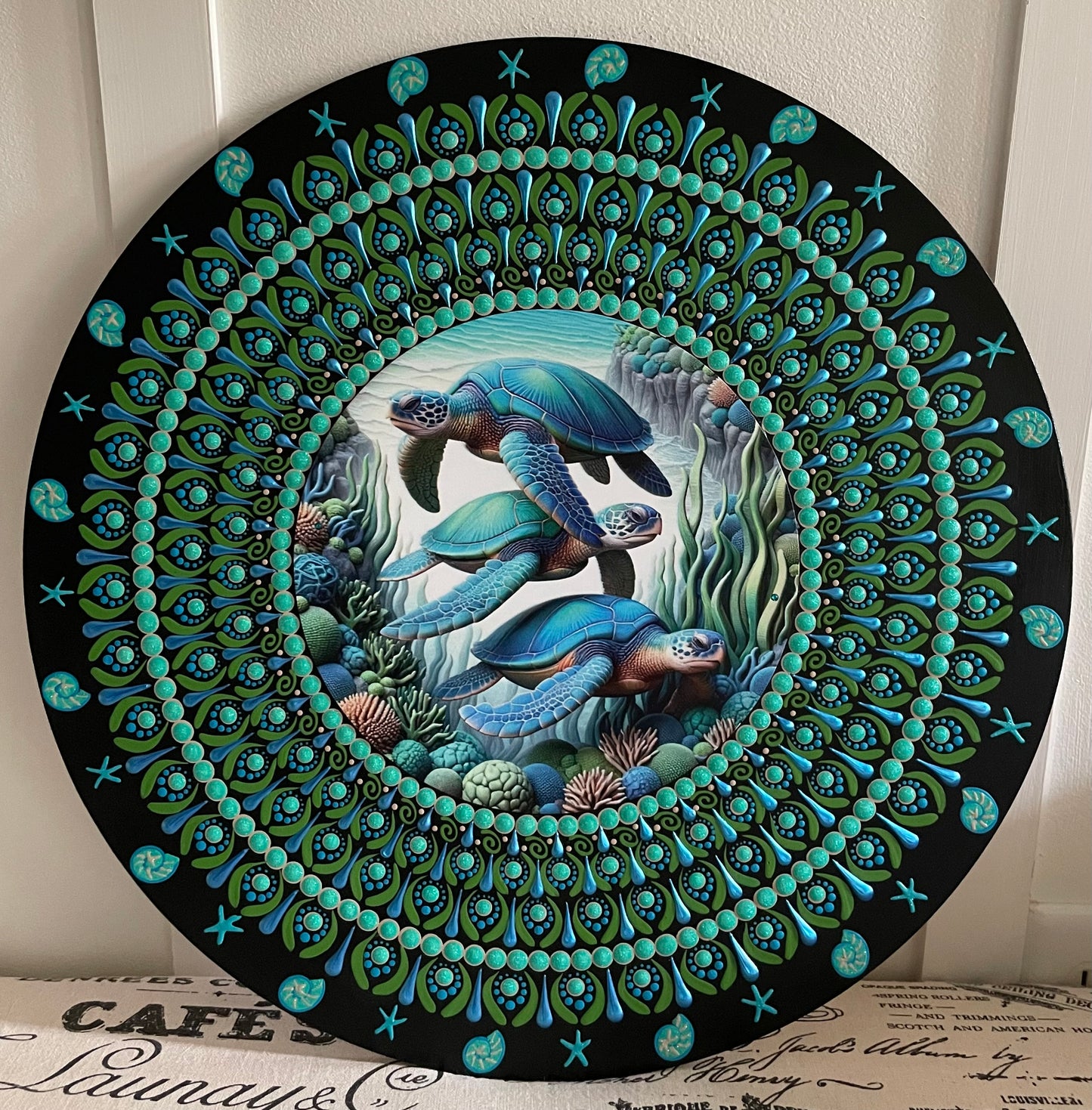 Handpainted turtle design on a 16 inch wood round