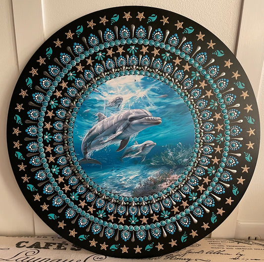 Hand painted dolphin plaque on a 16 inch wood round