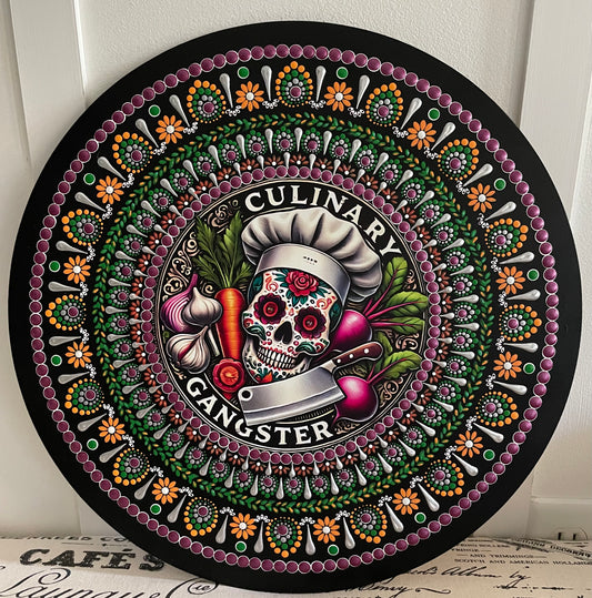 Handpainted culinary gangster plaque on a 16 inch wood round