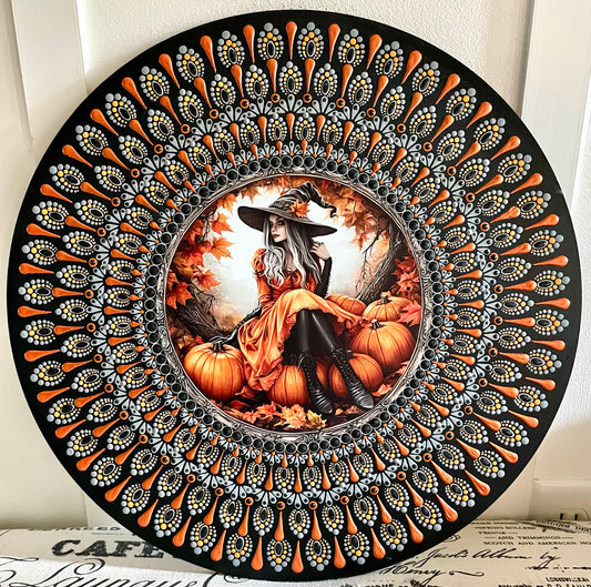 Hand painted witch plaque on a 16 inch wood round ￼