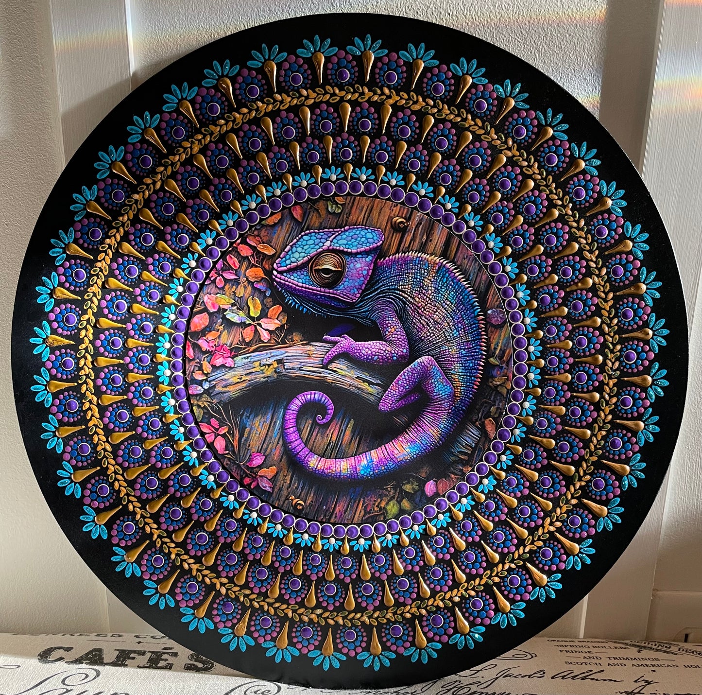 Handpainted chameleon plaque on a 16 inch wood round