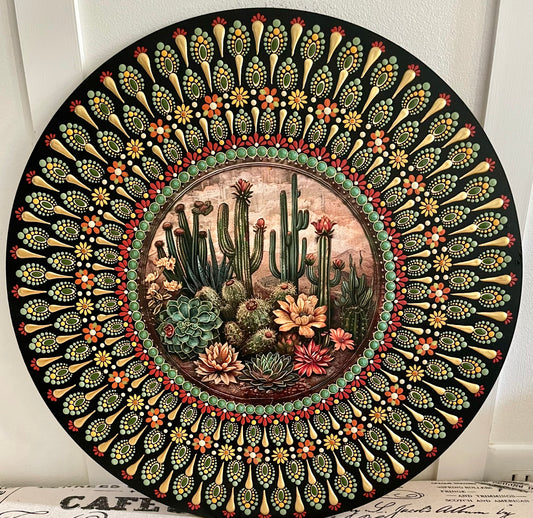 Hand painted cactus plaque on a 16 inch wood round.