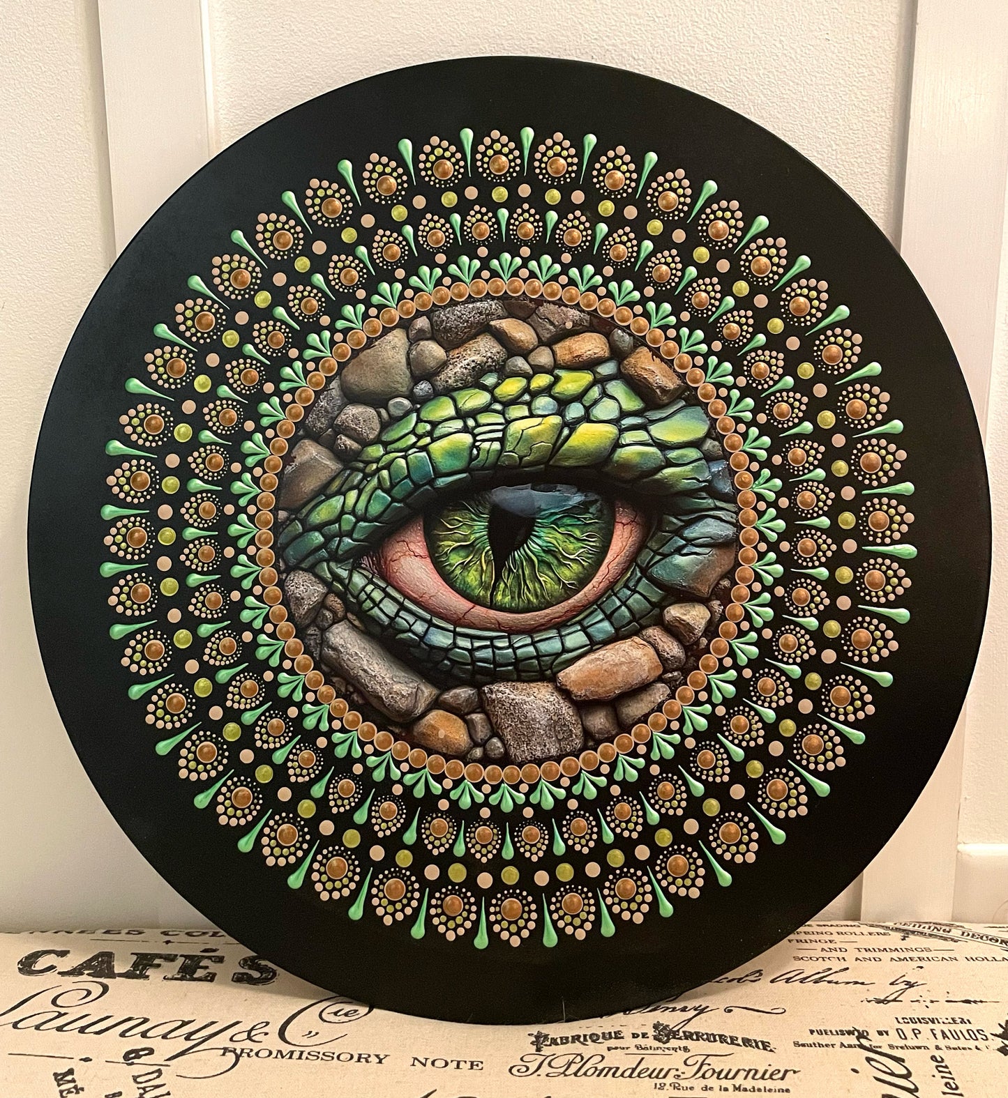 Handpainted Dragons Eye plaque on 16 inch wood round