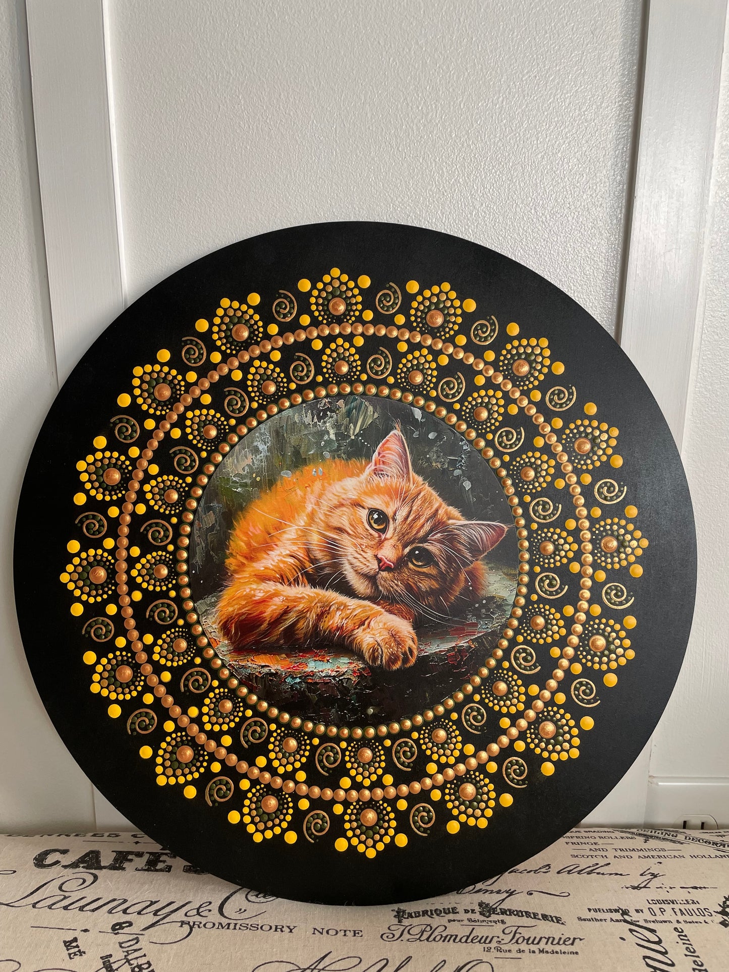 Handpainted orange cat plaque on 16 inch wood round